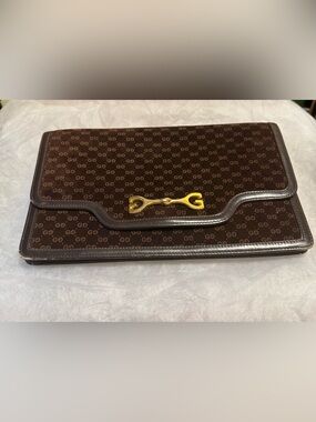 VINTAGE Gucci Dark Brown GG Monogram Clutch with Gold Horsebit